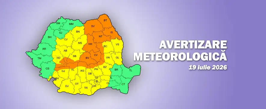 Avertizare meteo ANM: Cod Galben și Cod Portocaliu de instabilitate atmosferică pe 19 iulie