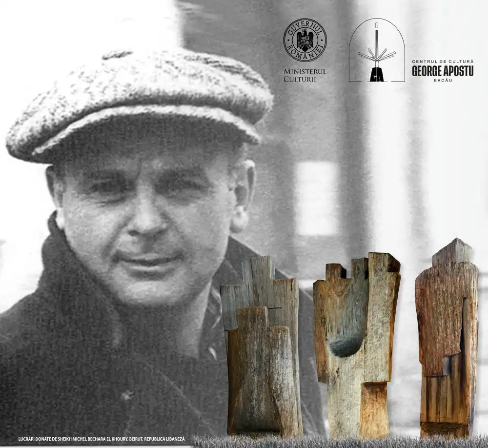 Trei lucrări de sculptură (lemn de stejar), realizate de George Apostu, din seria „Tată și fiu”