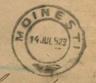 Ștampilă a poștei din Moinești, 14 iulie 1923.