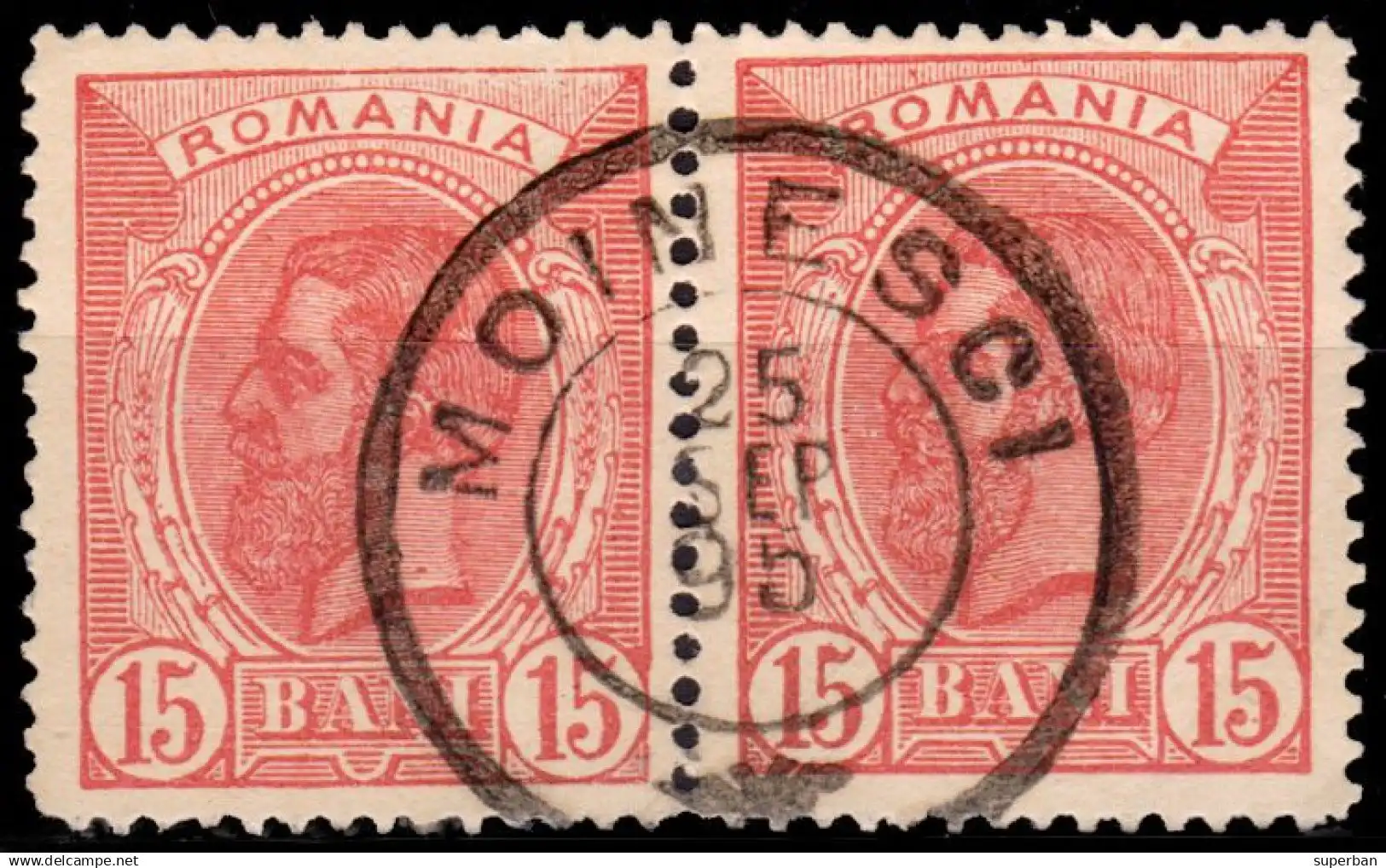 Timbre de 15 bani Carol I, cu ștampilă poștală din Moinești, 25 septembrie 1895.